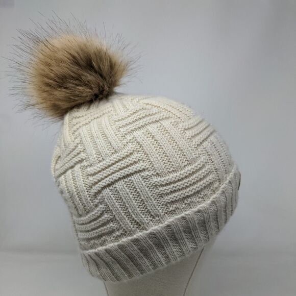 Britt's Knits Beanie Hat Cream One Size Hand Knitted Faux Fur Pom Pom - Picture 4 of 9
